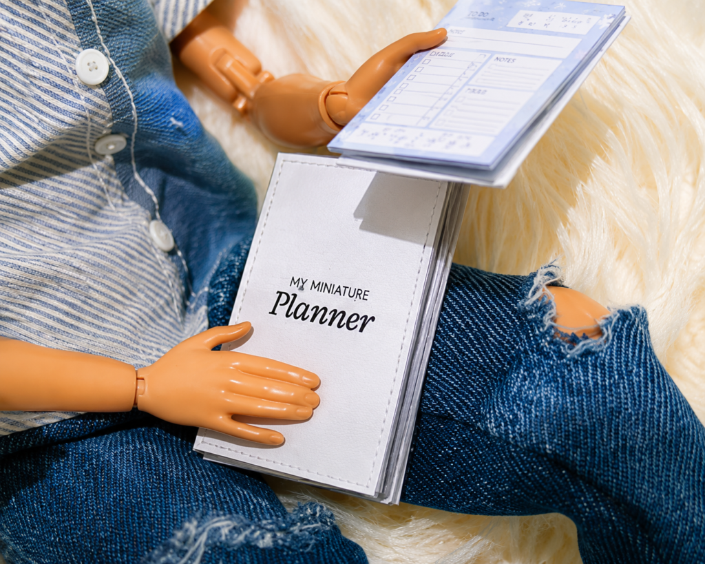 miniature planner materials flat lay for 1:6 scale dolls
